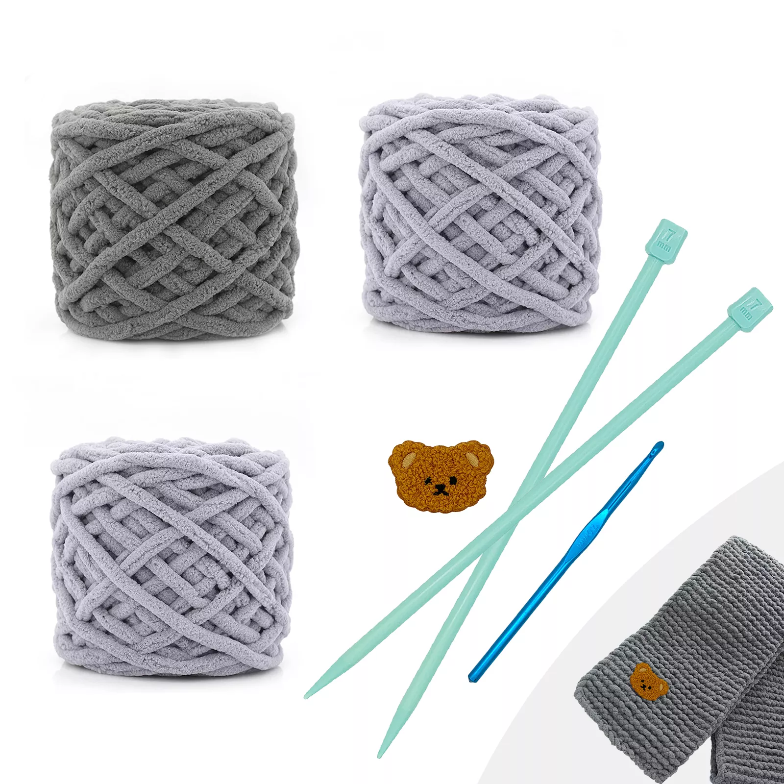 Chunky wool knitting kit with crochet hook and knitting needles 3 x 100g soft fluffy thick chenille